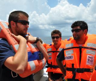 Our team musters on the bridge deck for a muster drill. 