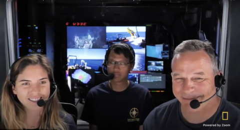 Three marine mammal team researchers sit side by side smiling at the camera, from left Carissa Cabrera, Abel Ho and Matthias Hoffman-Kuhnt