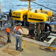 Getting ready to lift ROV Hercules off the deck. 