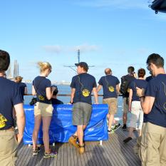 The team enjoys the new monkey island deck as we sail out.