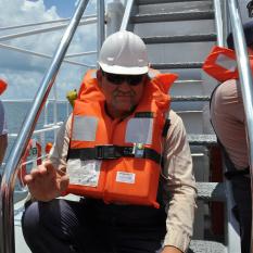 Our team musters on the bridge deck for a muster drill. 