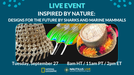 Inspired by Nature panel banner with a central image of two different Indigenous Pacific papale hats and a computer rending of fluid flow off a modeled humpback whale fluke. The even is on Tuesday, September 27 at 8 am HT