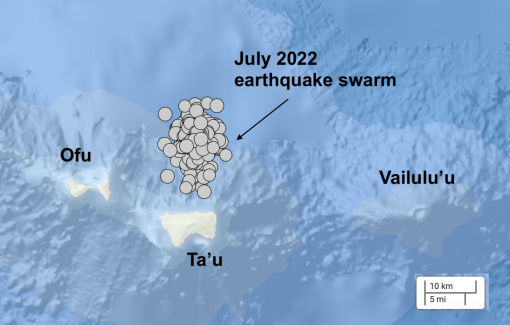 area north of Taʻū Island, which experienced a seismic crisis (swarm of seafloor earthquakes) in 2022. 